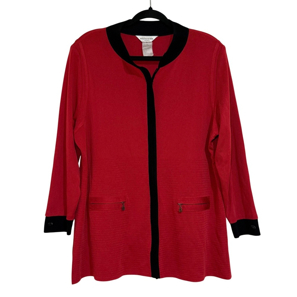 Misook Woman Red Travel Knit Jacket Black‎ Trim Zip Pocket Career Cardigan 2X